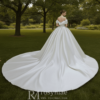 Off the Shoulder Satin Wedding Dresses Ball Gown with Sleeves - Rosymae