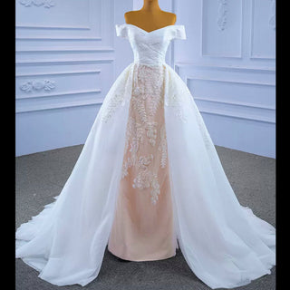 Off the Shoulder Sheath Ruched Wedding Dress with Overskirt - Rosymae