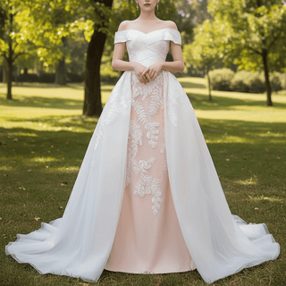 Off the Shoulder Sheath Ruched Wedding Dress with Overskirt - Rosymae