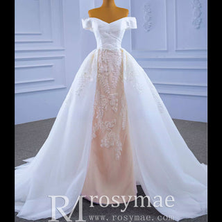 Off the Shoulder Sheath Ruched Wedding Dress with Overskirt - Rosymae