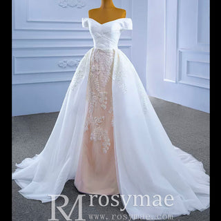 Off the Shoulder Sheath Ruched Wedding Dress with Overskirt - Rosymae