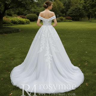 Off the Shoulder Sheath Ruched Wedding Dress with Overskirt - Rosymae