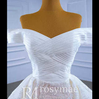 Off the Shoulder Sheath Ruched Wedding Dress with Overskirt - Rosymae