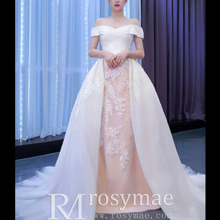 Off the Shoulder Sheath Ruched Wedding Dress with Overskirt - Rosymae