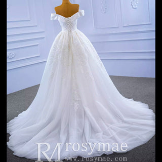 Off the Shoulder Sheath Ruched Wedding Dress with Overskirt - Rosymae