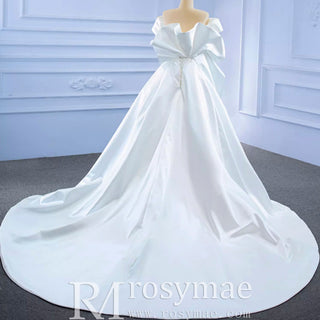 Off the Shoulder Sheath Satin Overskirt Wedding Dress with Vneck - Rosymae