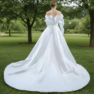 Off the Shoulder Sheath Satin Overskirt Wedding Dress with Vneck - Rosymae