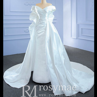 Off the Shoulder Sheath Satin Overskirt Wedding Dress with Vneck - Rosymae