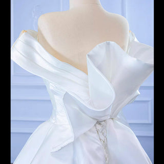 Off the Shoulder Sheath Satin Overskirt Wedding Dress with Vneck - Rosymae