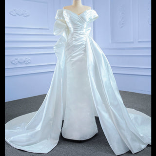 Off the Shoulder Sheath Satin Overskirt Wedding Dress with Vneck - Rosymae