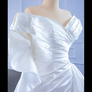 Off the Shoulder Sheath Satin Overskirt Wedding Dress with Vneck - Rosymae
