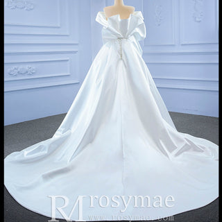 Off the Shoulder Sheath Satin Overskirt Wedding Dress with Vneck - Rosymae