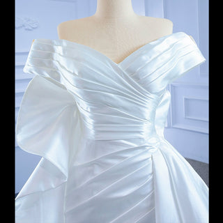 Off the Shoulder Sheath Satin Overskirt Wedding Dress with Vneck - Rosymae