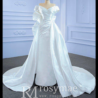 Off the Shoulder Sheath Satin Overskirt Wedding Dress with Vneck - Rosymae