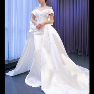 Off the Shoulder Sheath Satin Overskirt Wedding Dress with Vneck - Rosymae
