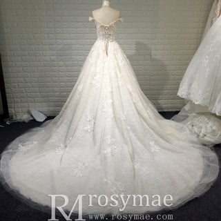 Off the Shoulder Sheer Bodice Elegant Wedding Dress with Chapel Train - Rosymae