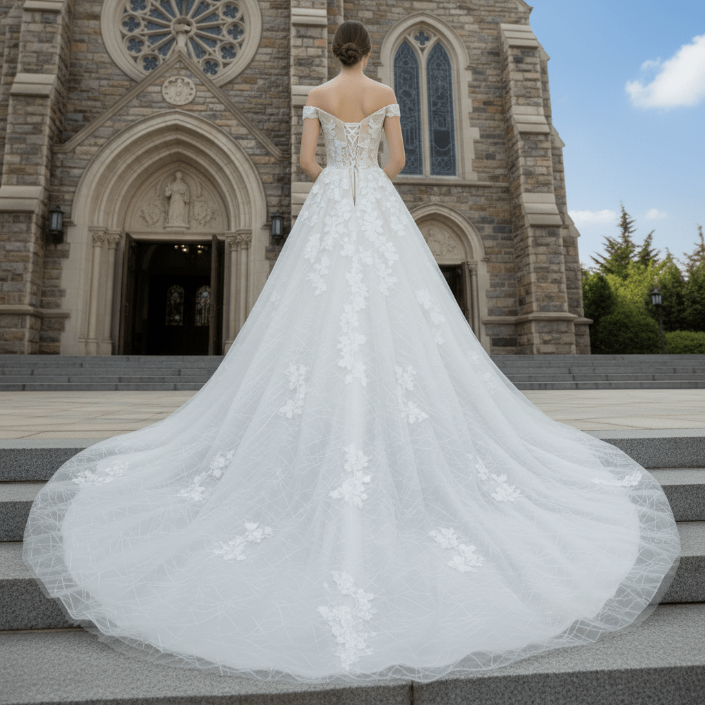 Off the Shoulder Sheer Bodice Elegant Wedding Dress with Chapel Train - Rosymae