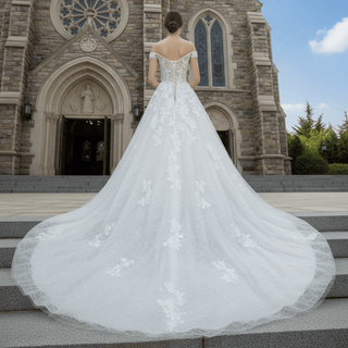 Off the Shoulder Sheer Bodice Elegant Wedding Dress with Chapel Train - Rosymae