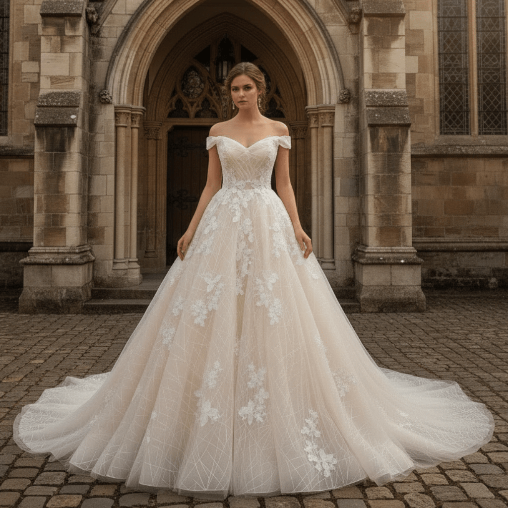 Off the Shoulder Sheer Bodice Elegant Wedding Dress with Chapel Train - Rosymae