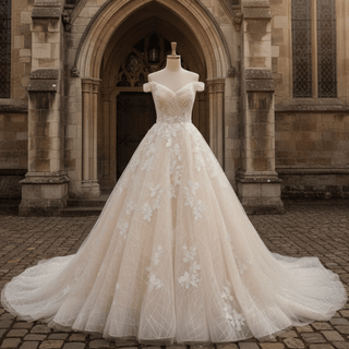Off the Shoulder Sheer Bodice Elegant Wedding Dress with Chapel Train - Rosymae