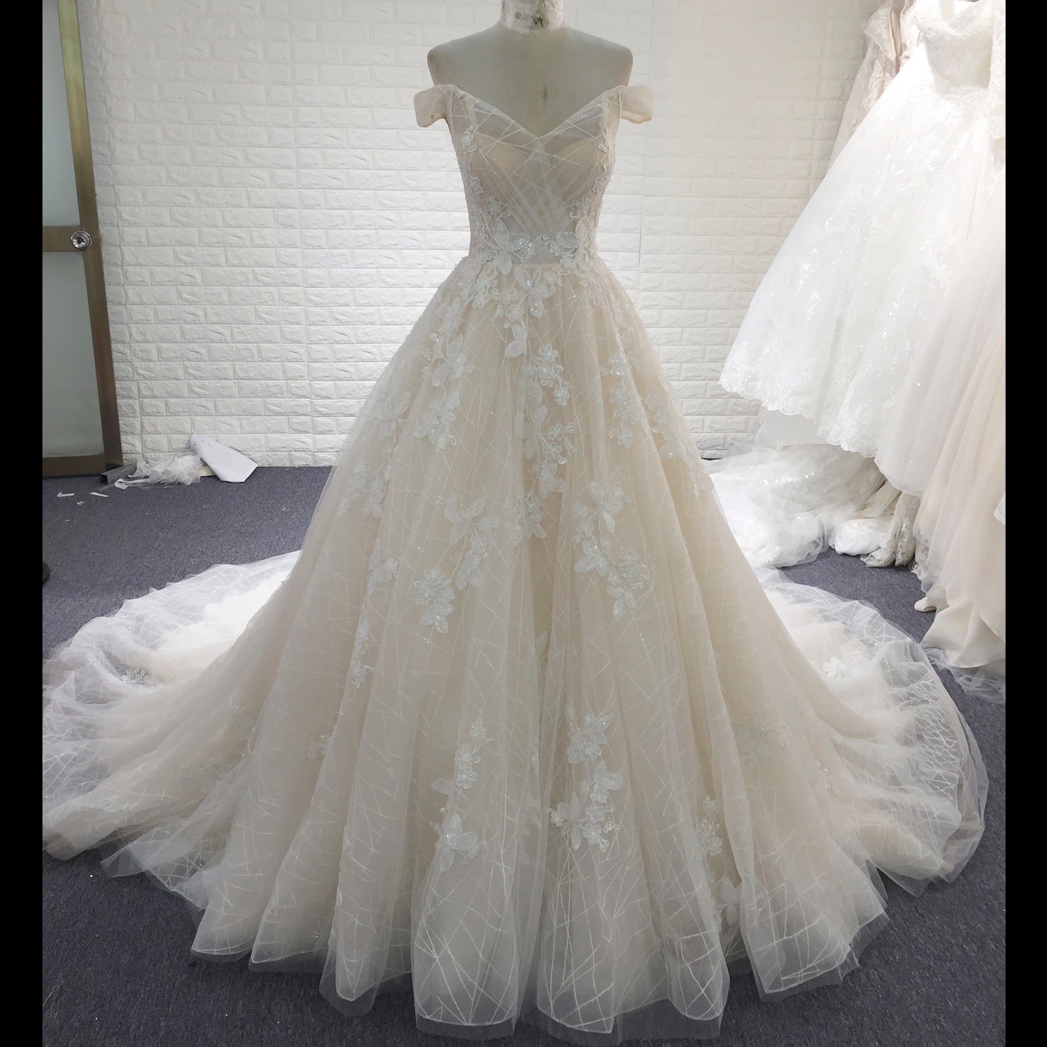 Off the Shoulder Sheer Bodice Elegant Wedding Dress with Chapel Train - Rosymae