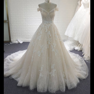 Off the Shoulder Sheer Bodice Elegant Wedding Dress with Chapel Train - Rosymae