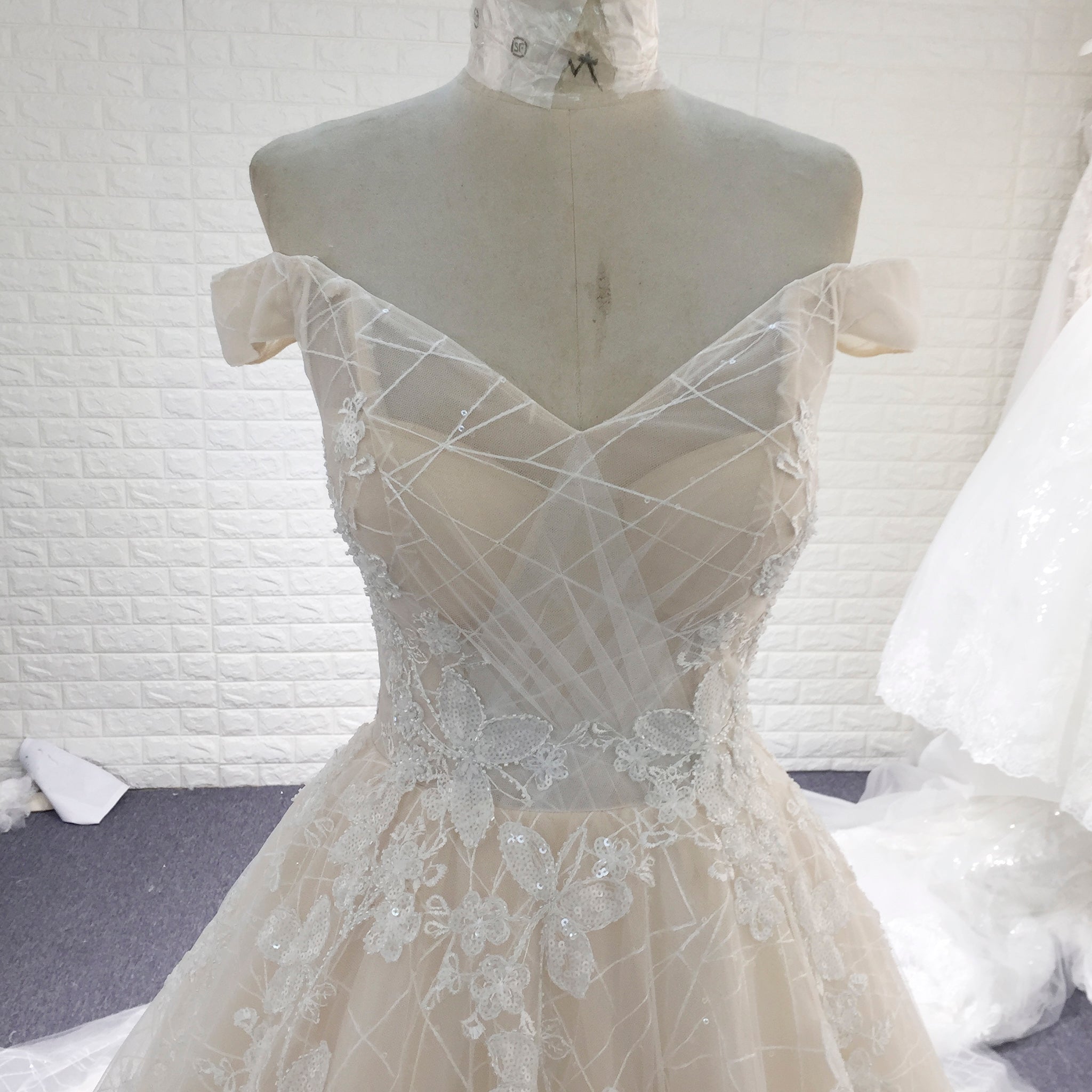 Off the Shoulder Sheer Bodice Elegant Wedding Dress with Chapel Train - Rosymae