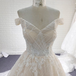 Off the Shoulder Sheer Bodice Elegant Wedding Dress with Chapel Train - Rosymae