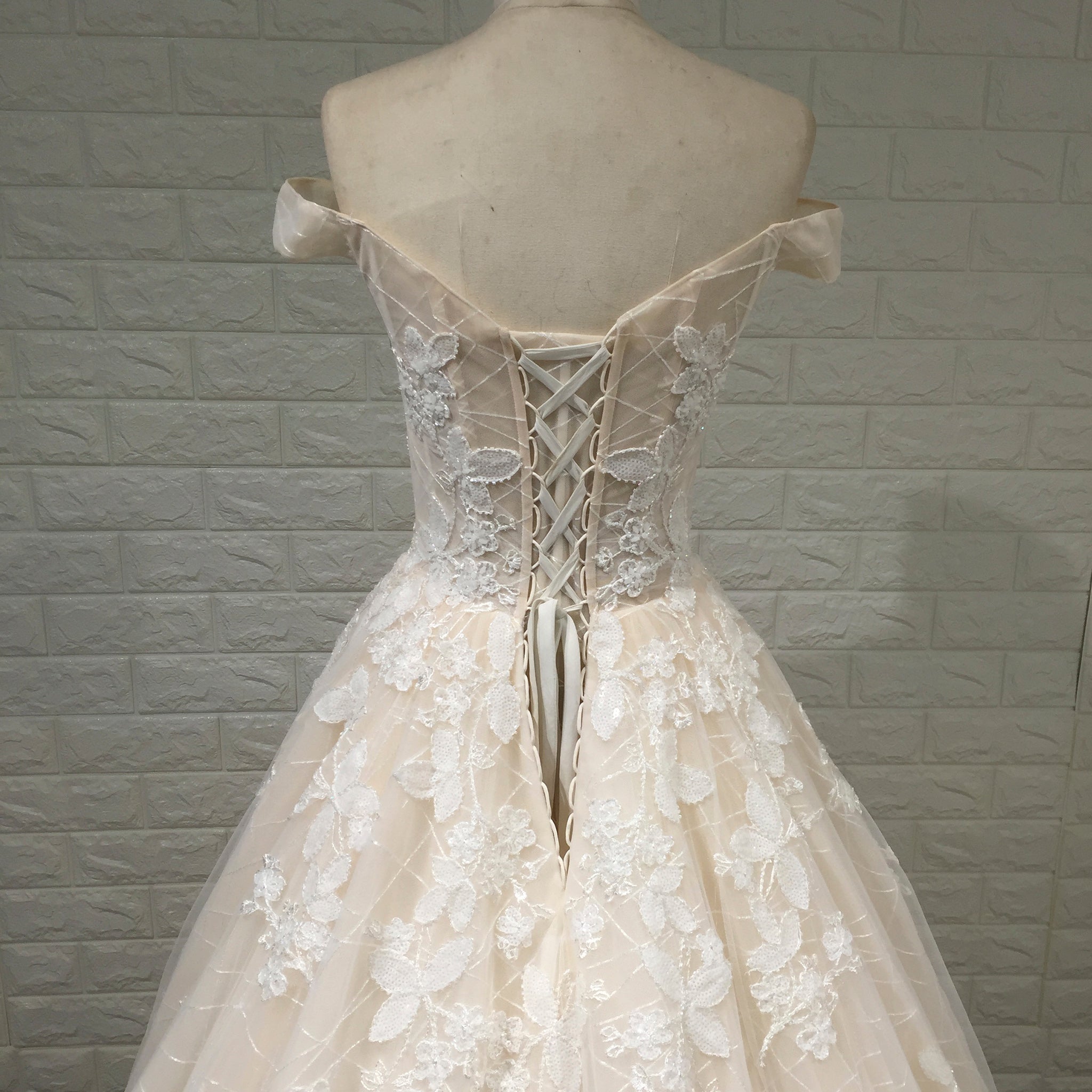 Off the Shoulder Sheer Bodice Elegant Wedding Dress with Chapel Train - Rosymae