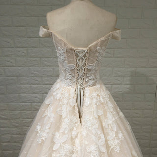 Off the Shoulder Sheer Bodice Elegant Wedding Dress with Chapel Train - Rosymae
