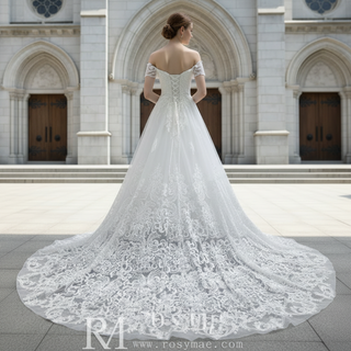 Short Sleeve Off the Shoulder Floral Lace Appliqued Wedding Dress