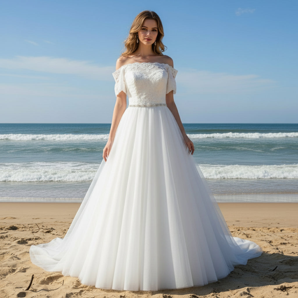 A-line Short-Sleeve Off-The-Shoulder Tulle Plus size Wedding Dress Rosymae A-line Short-Sleeve Off-The-Shoulder Tulle Plus size Wedding Dress Rosymae
