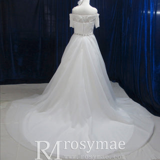 A-line Short-Sleeve Off-The-Shoulder Tulle Plus size Wedding Dress