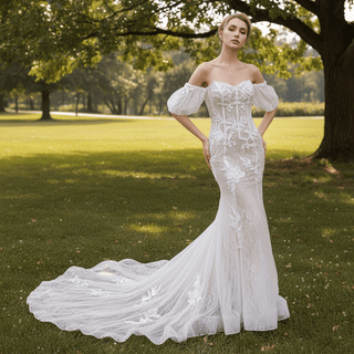 Off the Shoulder Sleeve Lace Mermaid Wedding Dress - Rosymae