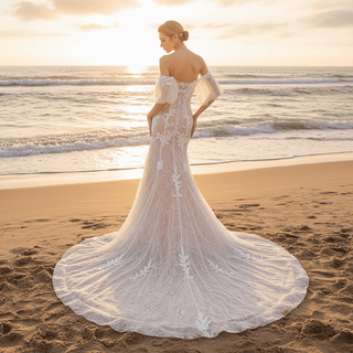 Off the Shoulder Sleeve Lace Mermaid Wedding Dress - Rosymae