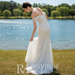 Off the Shoulder Sparkle Wedding Dress with Leg Slit - Rosymae