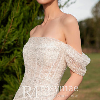 Off the Shoulder Sparkle Wedding Dress with Leg Slit - Rosymae