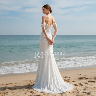Off the Shoulder Sparkle Wedding Dress with Leg Slit - Rosymae