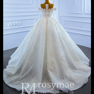 Off the Shoulder Sparkly Pearl Beaded Wedding Dress with High Back - Rosymae
