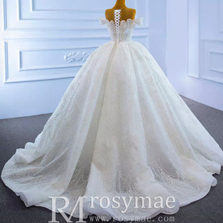 Off the Shoulder Sparkly Pearl Beaded Wedding Dress with High Back - Rosymae