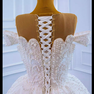 Off the Shoulder Sparkly Pearl Beaded Wedding Dress with High Back - Rosymae