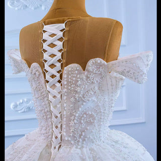 Off the Shoulder Sparkly Pearl Beaded Wedding Dress with High Back - Rosymae