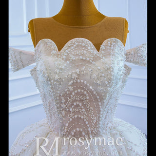 Off the Shoulder Sparkly Pearl Beaded Wedding Dress with High Back - Rosymae
