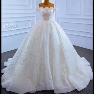 Off the Shoulder Sparkly Pearl Beaded Wedding Dress with High Back - Rosymae