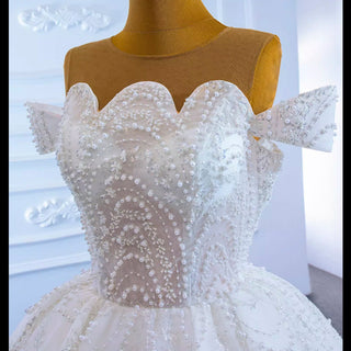 Off the Shoulder Sparkly Pearl Beaded Wedding Dress with High Back - Rosymae