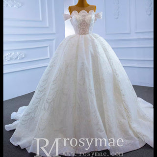 Off the Shoulder Sparkly Pearl Beaded Wedding Dress with High Back - Rosymae