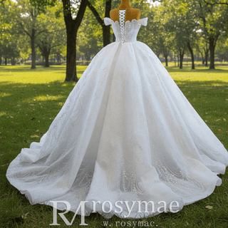 Off the Shoulder Sparkly Pearl Beaded Wedding Dress with High Back - Rosymae