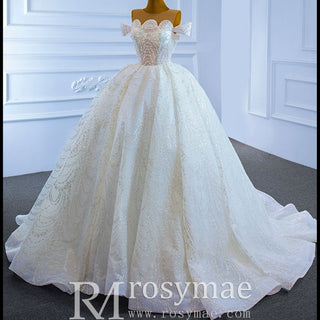 Off the Shoulder Sparkly Pearl Beaded Wedding Dress with High Back - Rosymae