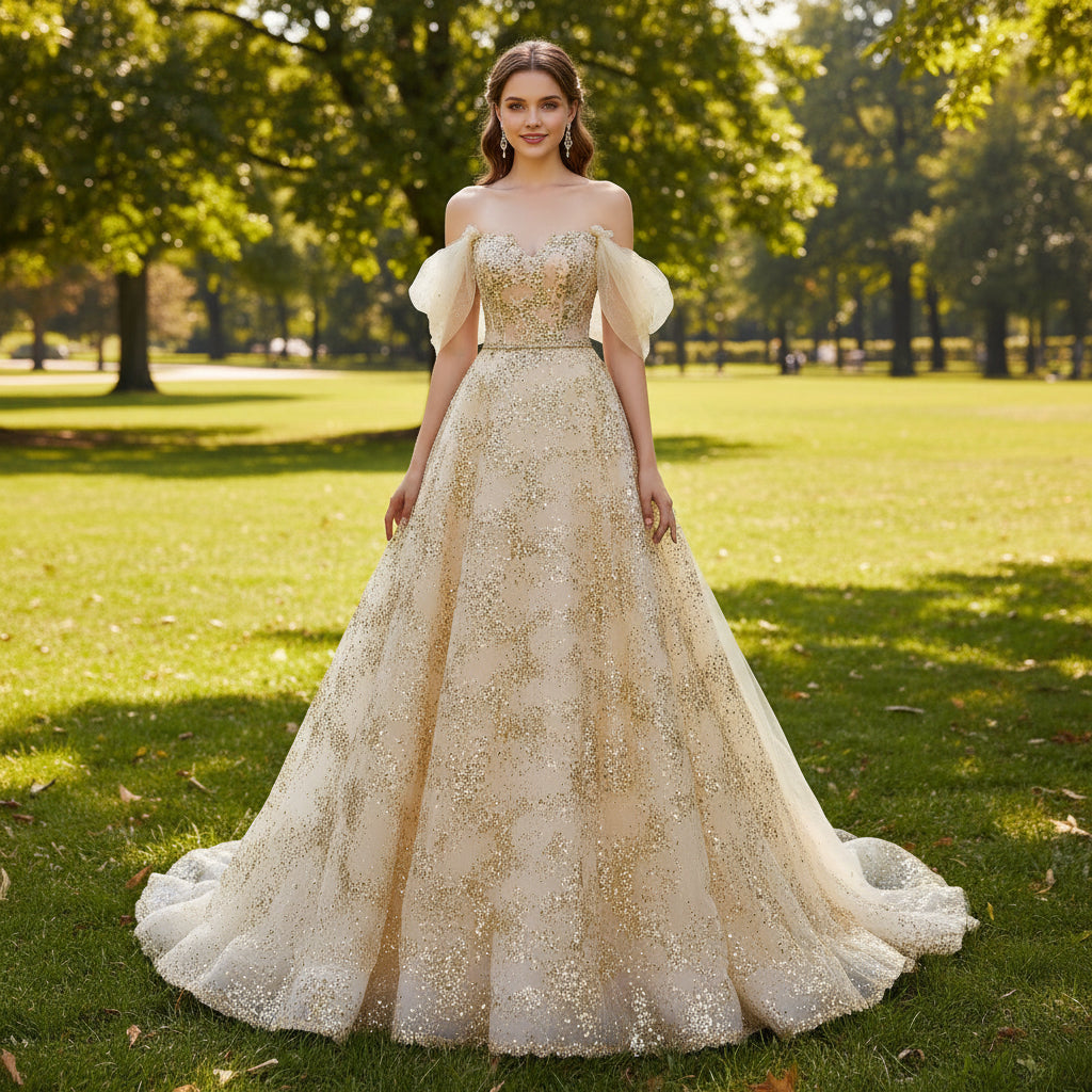 Champagne Gold Wedding Dress Sequins Princess Wedding Gown – Rosymae