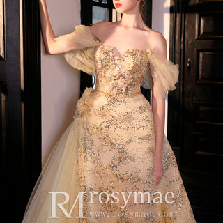 Champagne Gold Wedding Dress Sequins Princess Wedding Gown